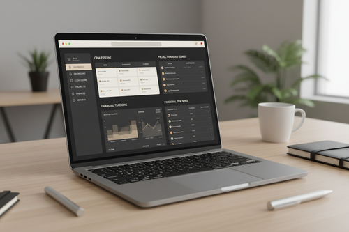 Bouftouspection Business OS Notion workspace displayed on a MacBook laptop